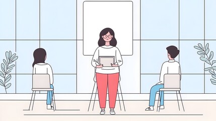 Female teacher explaining lesson to students in classroom setting, education concept