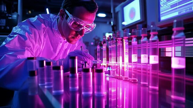 Scientist in a lab coat and protective eyewear works with laser technology, surrounded by glowing equipment and digital screens, highlighting advanced scientific research and innovation