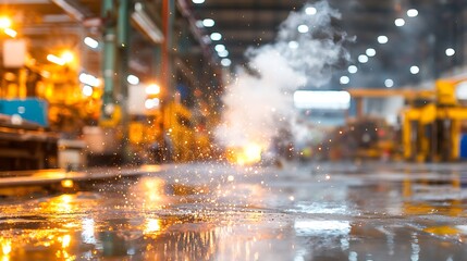 Illuminated Factory Floor Featuring Sparks Flying Amidst Heavy Machinery in a Dark Environment
