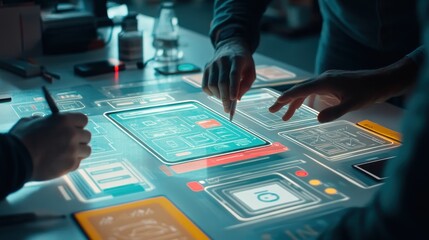 Team collaborating on interactive digital interface in a futuristic workspace