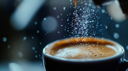 Adding sugar to fresh aromatic coffee drink espresso beverage hot cup dark food foam brown sweet