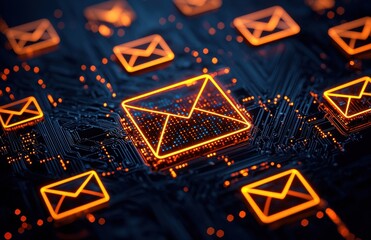 Digital representation of email communication with glowing envelope icons against a dark circuit board background