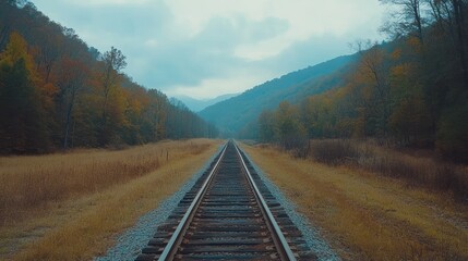 Fototapeta premium Railroad tracks vanishing into misty autumn mountains.