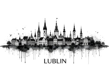 Lublin Poland Skyline BW, cityscape landscape watercolor painting print abstract splash illustration art modern urban poster artwork landmarks skyscrapers,Lublin skyline in black and white digital art