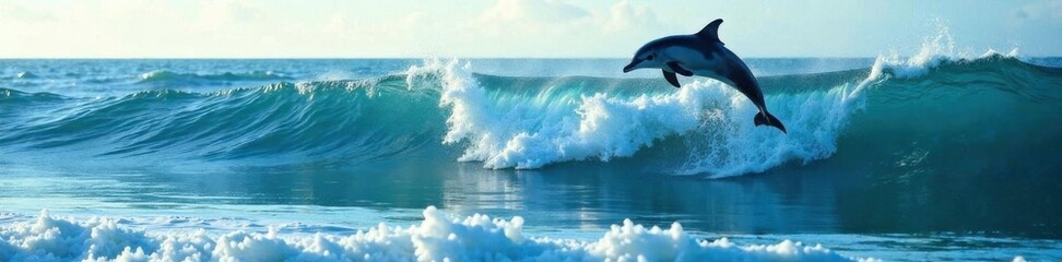 Obraz premium Ocean waves with shadow of dolphin jumping, shadow, dolphin, animal