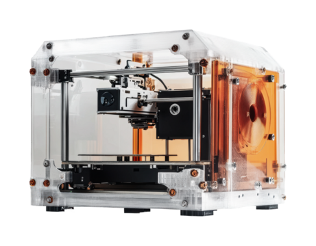 3D printing process with a transparent printer and filament in a modern workspace environment for innovative projects and design, cut out