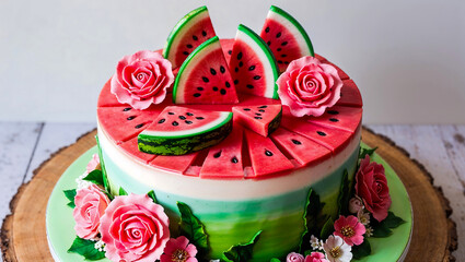 Charming Watermelon-Themed Summer Cake with Fondant Roses