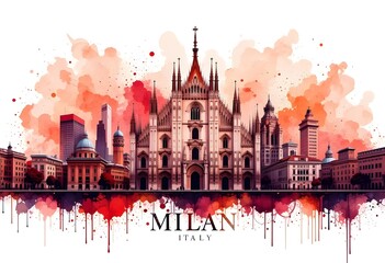 Milan Italy Skyline Red, Milan Italy red skyline with Duomo in vibrant watercolor style.