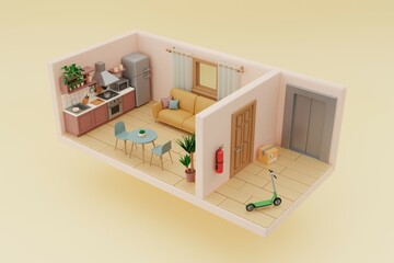3D isometric interior design of a studio apartment in a modern style. Zoning of space with a kitchen area, living room and entrance area with an elevator. Open-plan room project. 3D visualization.