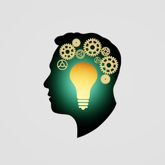 Illustration of male head outline creative innovative idea. Light bulb with mechanisms in head on green background. 3d rendering.