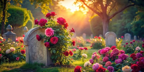 Fototapeta premium Mysterious elegance of a grave surrounded by lush, vibrant roses in full bloom