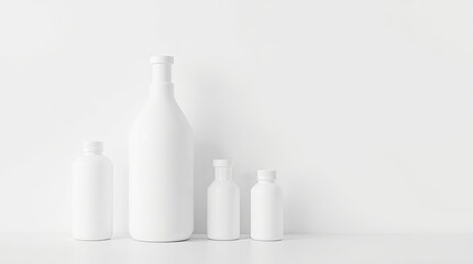 A series of plain white bottles of increasing size are lined up against a stark white background.  The image is simple, two-dimensional, charming and cute