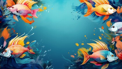 border frame of colorful tropical fish background with copy space
