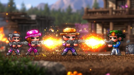 Intense Pixel Art Game Scene Featuring Characters Shooting with Fire Explosions in a Forest Setting with Rural Buildings and Vibrant Colorful Design