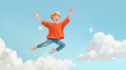 Upbeat atmosphere joyful child leaping through dreamlike clouds in a cheerful sky