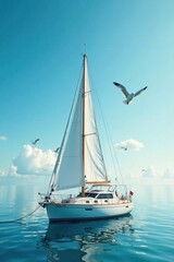 Sailboat anchored in calm sea with seagulls flying overhead, ocean, gulls