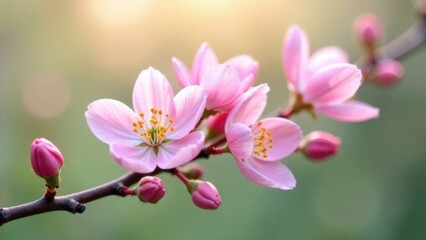 Fototapeta premium Close-up of pink cherry blossom in sunlight with soft focus background