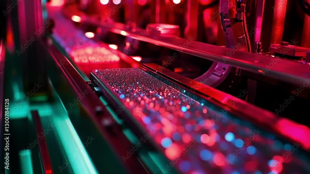Poster small components moving along an illuminated production line in a high tech factory, showcasing the 