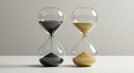 Two elegant hourglasses with golden and black sand on white surface