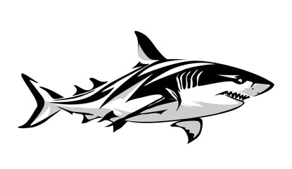 Silhouettes of A shark is swimming in the ocean. The shark is black and white. The shark has a menacing look on its face. vector flat illustration isolated on transparent background