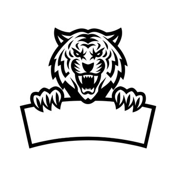 Tiger with a fierce expression, holding a blank banner with its paws