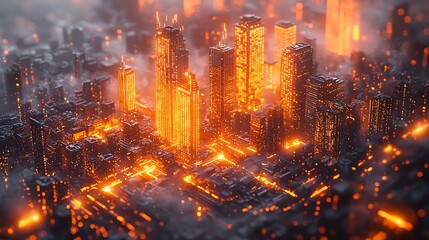 Fototapeta premium Isometric Futuristic Glowing Cityscape with Digital Grid and Complex Infrastructure at Night