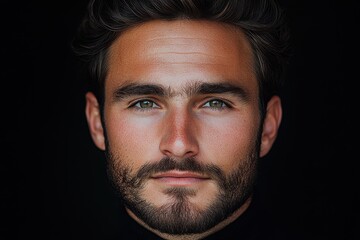 Fototapeta premium Young man with piercing blue eyes and a stylish beard poses against a dark background, exuding confidence and sophistication