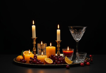 Close-up of candles and drinks on a black background on the table