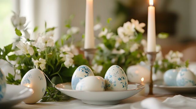 A charming Easter table with hand-painted eggs, soft candlelight, and fresh spring flowers arranged in a graceful pattern, perfect for a relaxed holiday atmosphere.