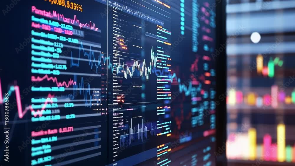 Poster digital screens display vibrant graphs and data visualizations, showcasing financial trends and anal