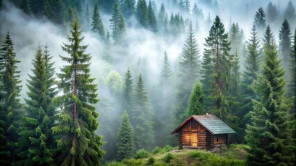 Dense fir forest with misty atmosphere in a wooden cabin, cabin, scenery ,  cabin, scenery , trees, mist,firs