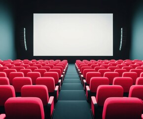 Fototapeta premium Modern cinema interior with red seating and a large blank screen ready for a film presentation at an evening screening event