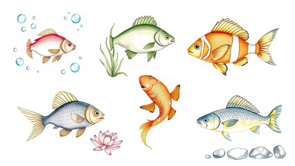 Fototapeta premium Colorful Fish Aquarium Illustration Koi Carp Clownfish