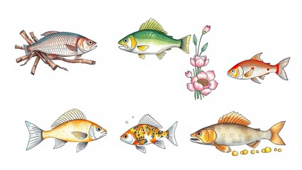Naklejka premium Colorful Fish Illustration Aquatic Life Koi Goldfish Pond Flowers Nature