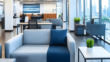 Fototapeta premium Minimalist Open-Concept Corporate Office with Panoramic City Views and Natural Lighting