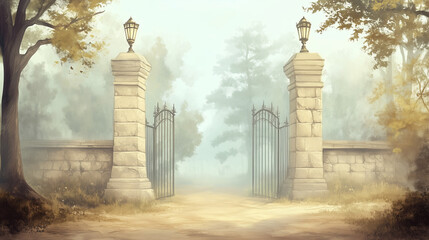 Fototapeta premium Dreamy fantasy stone gate in a misty forest scene.