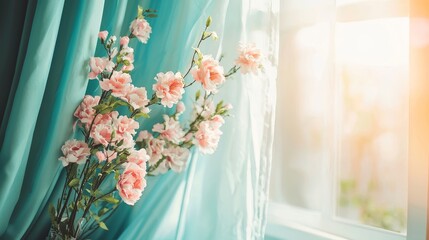 Peaceful Bloom by the Window: Serene Pink Flowers Basking in Sunlight