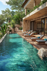 Photographie immobilière extérieure d’une terrasse avec piscine de maison secondaire de villa...