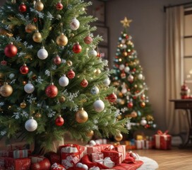 Decorated Christmas tree with snowflakes and ornaments,  snowy,  holiday