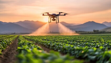 Fototapeta premium Drone spraying crops at sunset over farmland.
