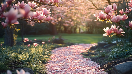 A continuation of the serene garden path, showcasing the soft light filtering through magnolia trees adorned with delicate pink flowers