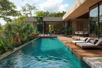 Fototapeta premium Photographie immobilière extérieure d’une terrasse avec piscine de maison secondaire de villa luxueuse avec terrasse en bois et vue tropicale. rendu 3D, HDR, idées déco et aménagement tendance.