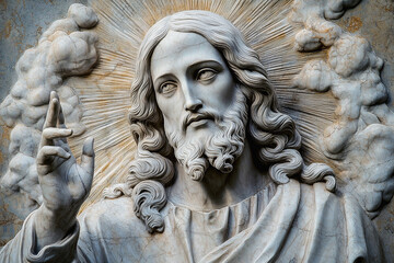Blessing of Jesus Christ. Marble statue.  Horizontal image.