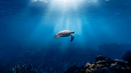 Fototapeta premium Underwater Turtle Sunbeam Coral Reef