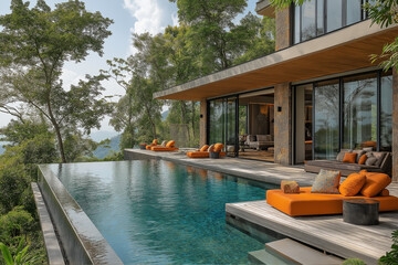 Photographie immobilière extérieure d’une terrasse avec piscine de maison secondaire de villa luxueuse avec terrasse en bois et vue tropicale. rendu 3D, HDR, idées déco et aménagement tendance.
