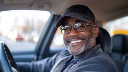 A smiling Black man with glasses and a cap sits in a car, radiating warmth and confidence. Taxi driver, auto courier, transportation of private goods.