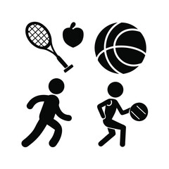 Fototapeta premium Silhouette set of sports icons including tennis player, ball, racket, and action illustrations in vector style