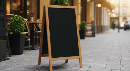 Wooden chalkboard menu stand mockup placed on a pedestrian street with a blurred cityscape in the background.