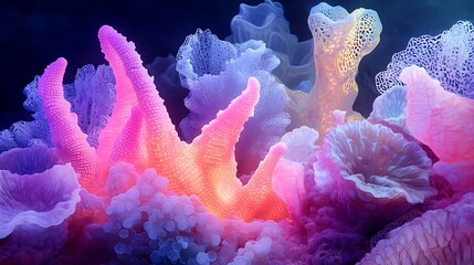 Obraz premium A surreal composition with abstract 3D shapes resembling organic coral forms, glowing in neon hues