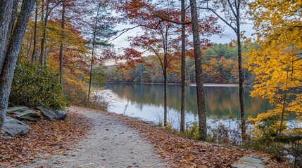 Autumn leaves path next to lake surrounded by colorful trees in fall season